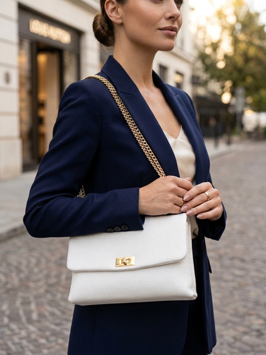 Borsa da spalla in pelle con tracolla a catena - ‎BASS 29832 Bianca Barbera Biella - Scarpe Fatte a Mano