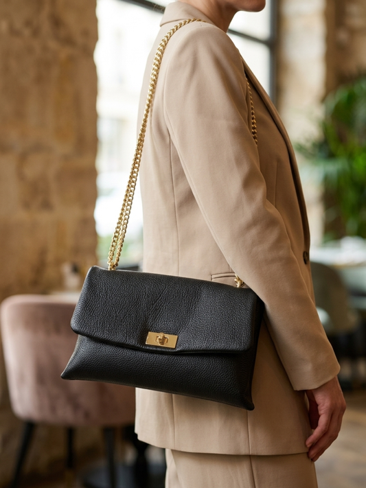 Borsa da spalla in pelle con tracolla a catena - ‎BASS 29832 Nero Barbera Biella - Scarpe Fatte a Mano