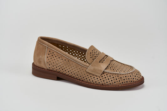Penny Loafer traforata 327-01 Camoscio Sabbia Barbera Biella - Scarpe Fatte a Mano
