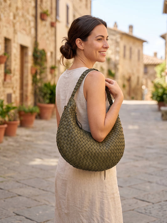 Borsa a spalla in pelle intrecciata - BAUF55861 Verdone Barbera Biella - Scarpe Fatte a Mano