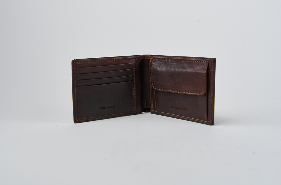 Vegetable Tanned Leather Wallet with Coin Purse and Flap, Classic Size, Brown