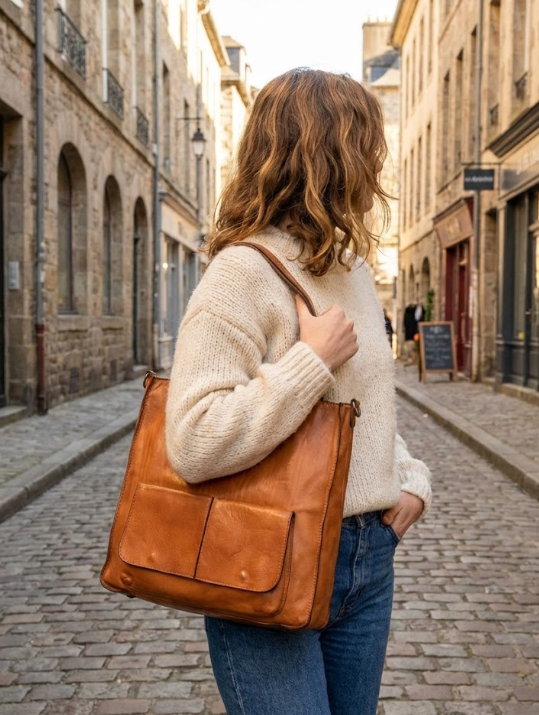 Borsa a spalla in pelle - BAUN55 cuoio Barbera Biella - Scarpe Fatte a Mano
