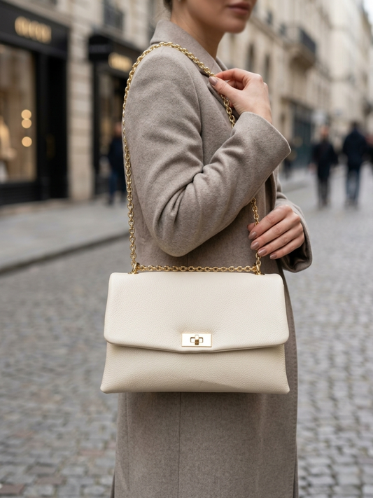 Borsa da spalla in pelle con tracolla a catena - ‎BASS 29832 Beige Barbera Biella - Scarpe Fatte a Mano