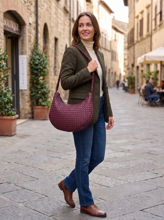 Borsa a spalla in pelle intrecciata - BAUF55861 Bordeaux Barbera Biella - Scarpe Fatte a Mano